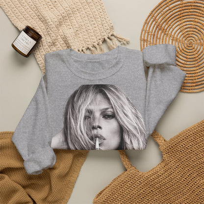Kate Moss Sweatshirt – Schwarz-Weiß Portrait Kult-Pullover für Fashion & Vintage Fans, ikonisches Model Motiv