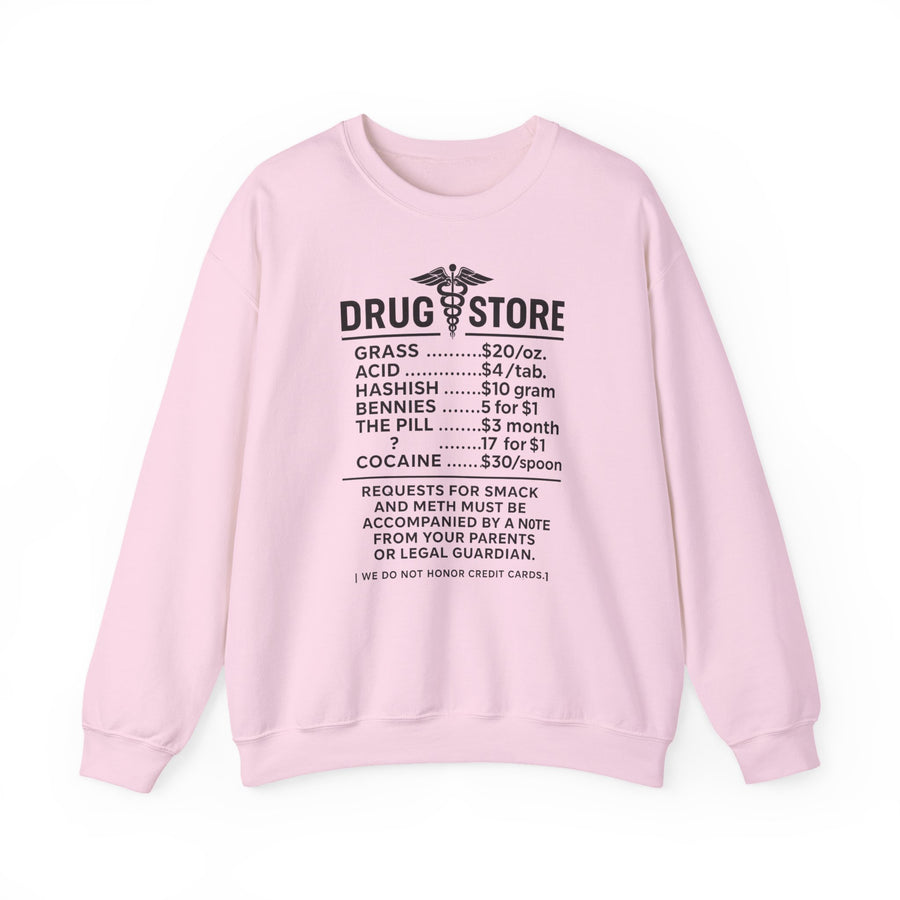 Vintage Pullover „Drug Store“ – Sweatshirt, die Preisliste der etwas anderen Apotheke – Light Pink – Vorderseite