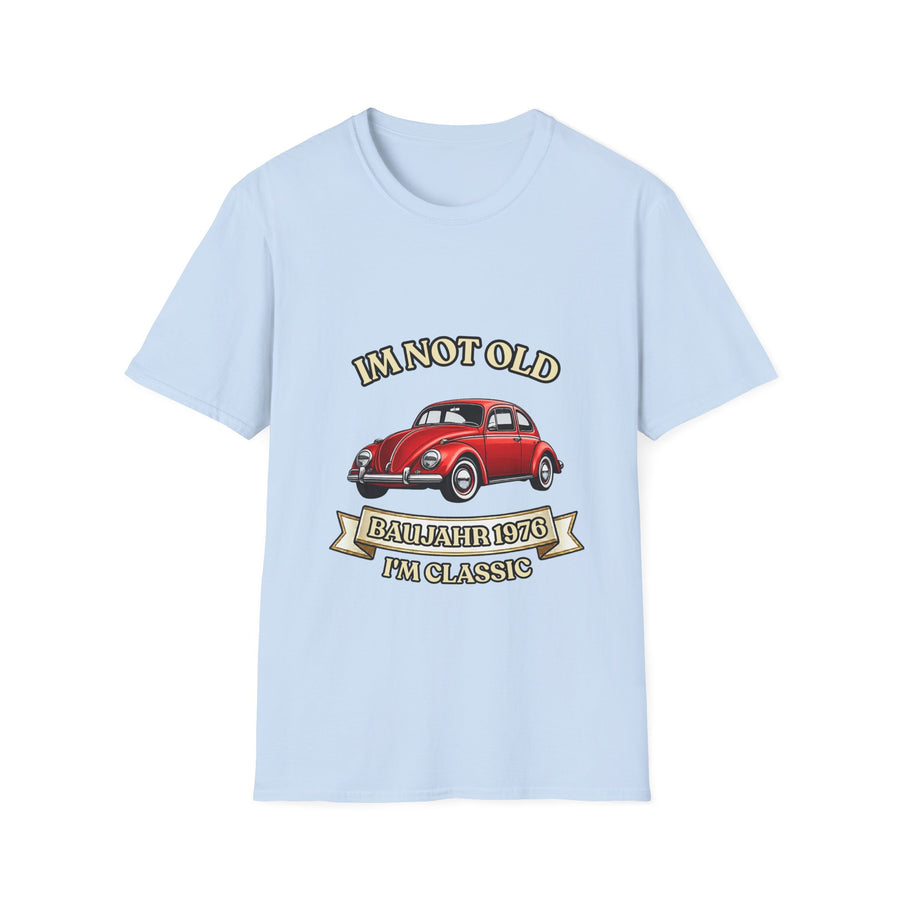 True Insights T-Shirt Baujahr 1976 Oldtimer Käfer Motiv in Hellblau zum 50. Geburtstag
