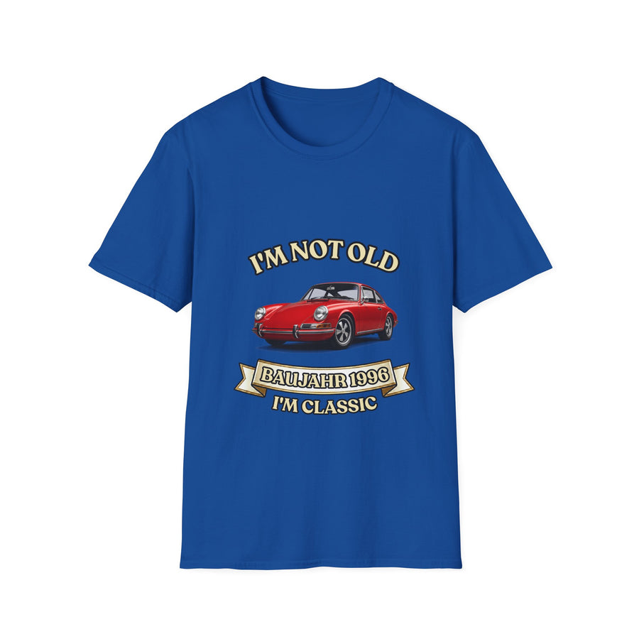 Geschenk zum 30. Geburtstag – T-Shirt Jahrgang 1996 mit Porsche-Motiv – Royal – Vorderseite