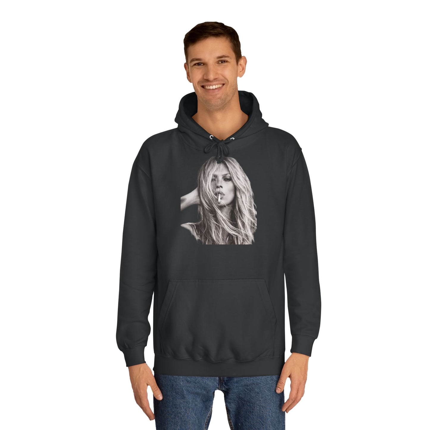 Kate Moss Hoodie – Ikonisches Schwarz-Weiß Porträt Kapuzenpullover für Fashion & Musik Fans