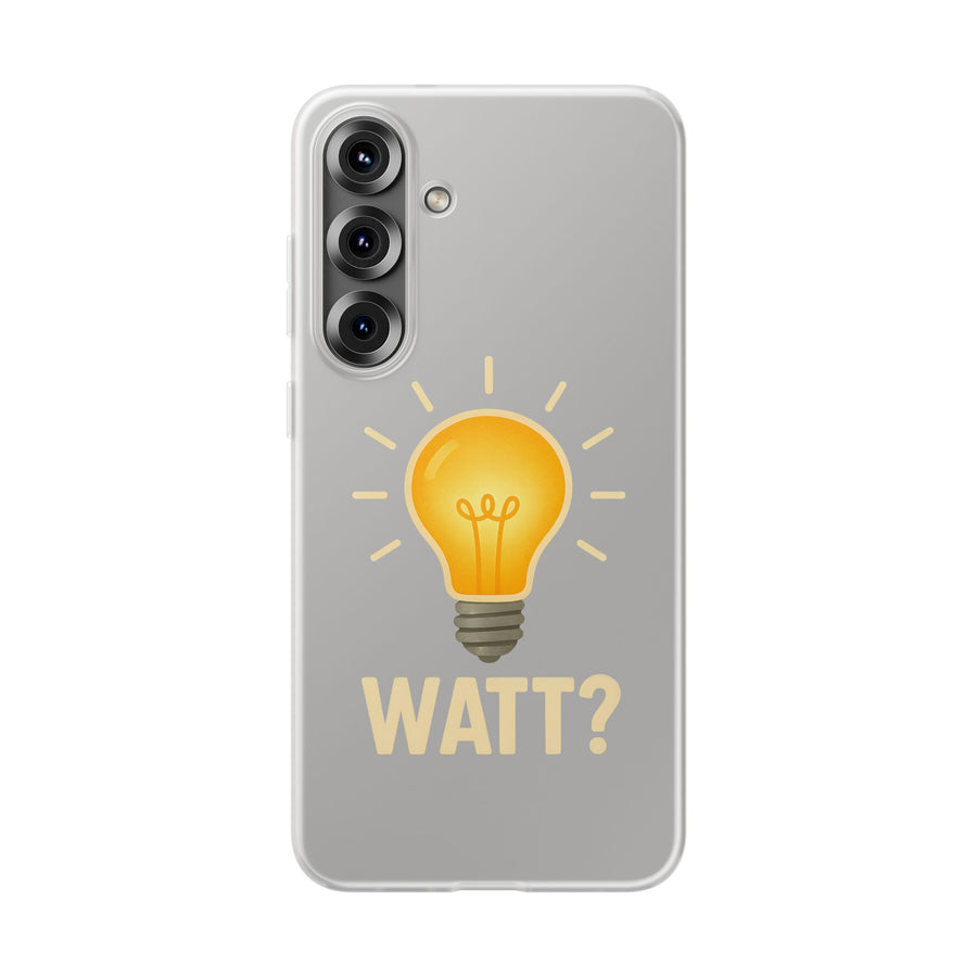 WATT? Handyhülle für Samsung Galaxy S25 Plus – transparente Schutzhülle mit leuchtendem Glühbirnen-Motiv, Geschenk für Elektriker und Technikfans