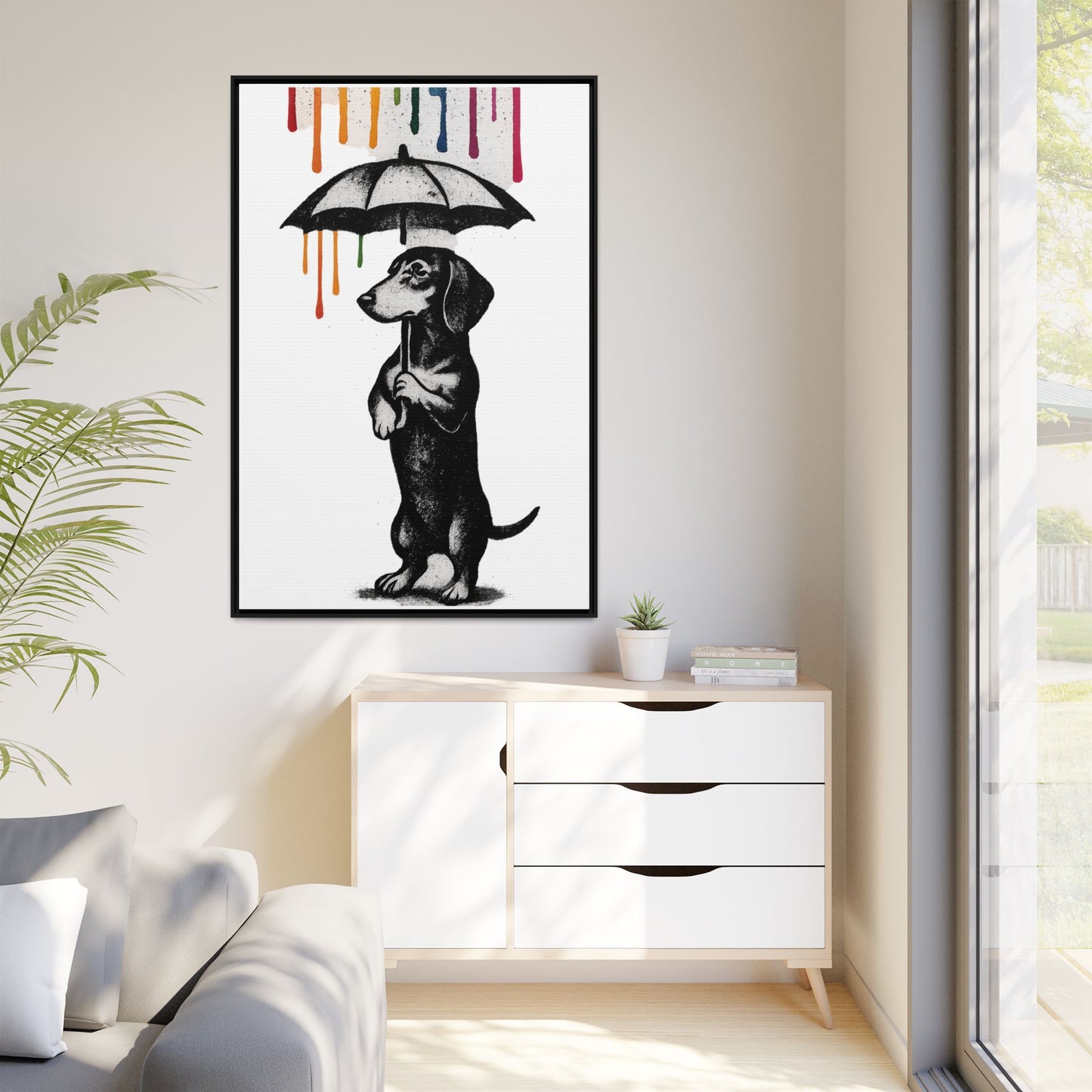 Dackel im Farbenregen – Street-Art Canvas mit Regenschirm & Farbtropfen