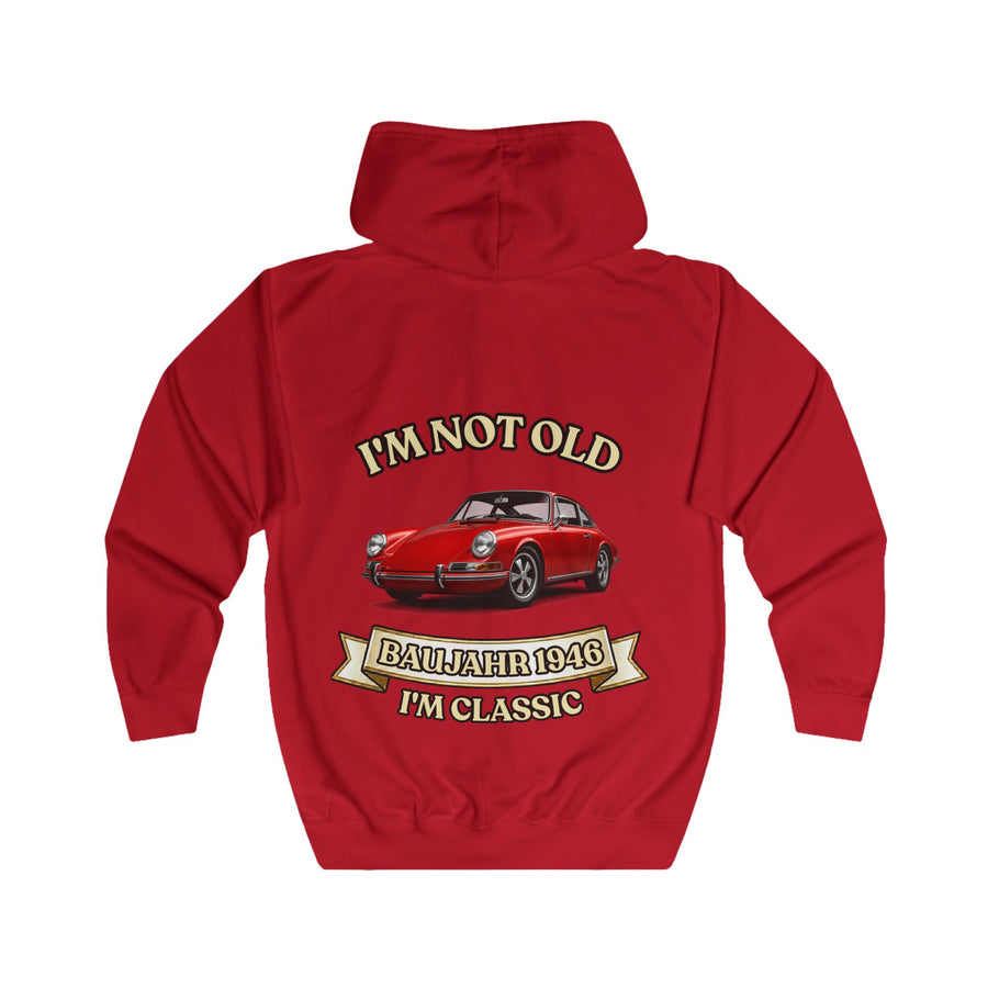 Geschenk zum 80. Geburtstag – Sweatjacke Jahrgang 1946 mit Porsche-Motiv – Fire Red – Rückenansicht
