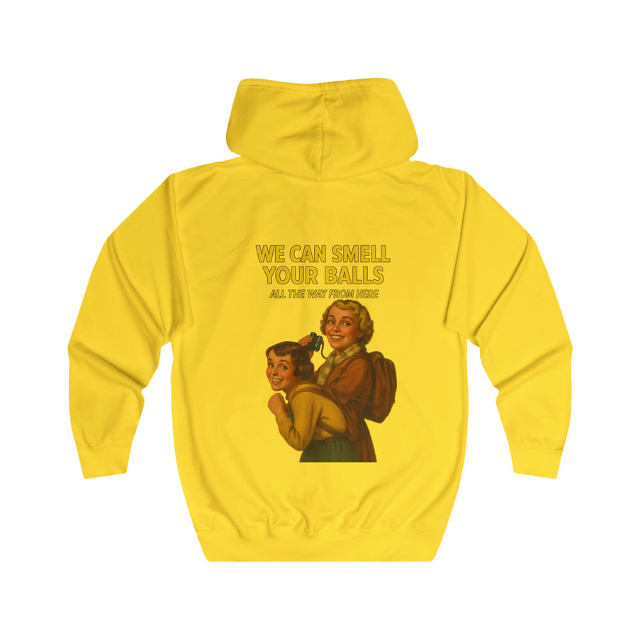 Retro Sweatjacke „We Can Smell Your Balls“ – Zip-Hoodie mit Rückendruck – Sun Yellow – Rückenansicht