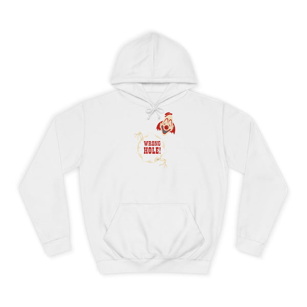 Hoodie „Wrong Hole!“ – Provokantes Clown-Motiv – Arctic White – Vorderseite
