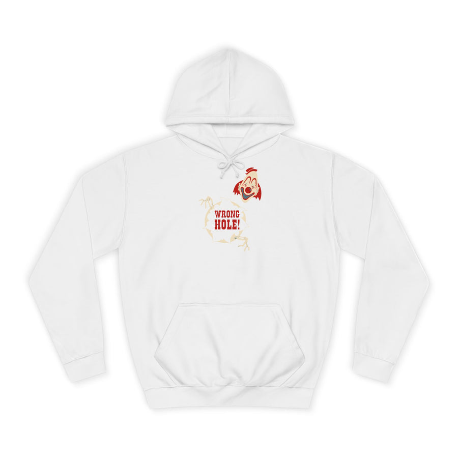 Hoodie „Wrong Hole!“ – Provokantes Clown-Motiv – Arctic White – Vorderseite