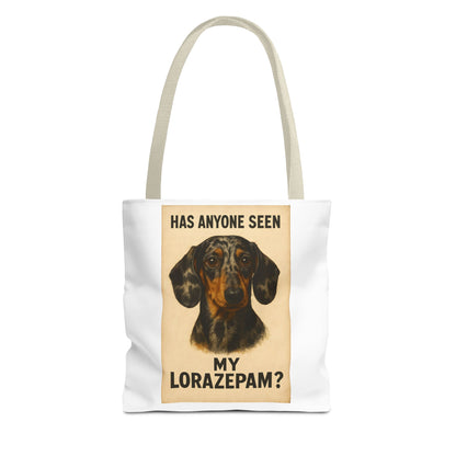 Lustige Dackel Tote Bag "Has Anyone Seen My Lorazepam?" – Vintage Hunde Stoffbeutel für Hundeliebhaber & Dackelfans