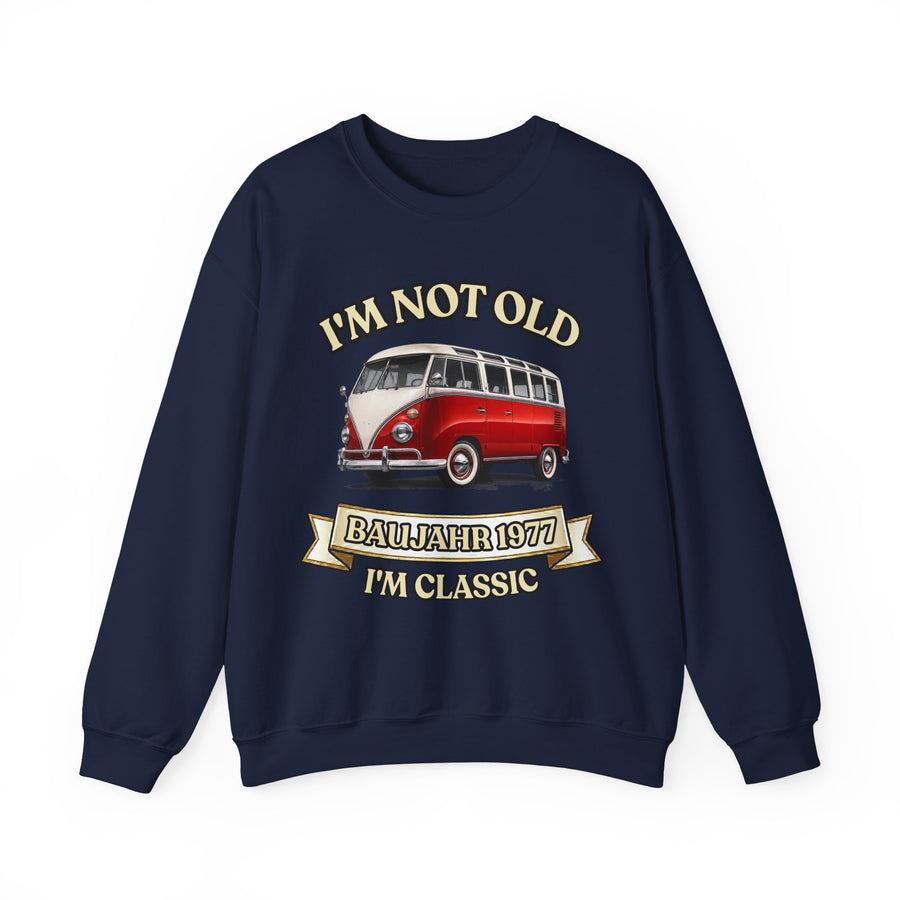 Geschenk zum 50. Geburtstag – Pullover Jahrgang 1977 VW Bulli – Navy – Vorderseite