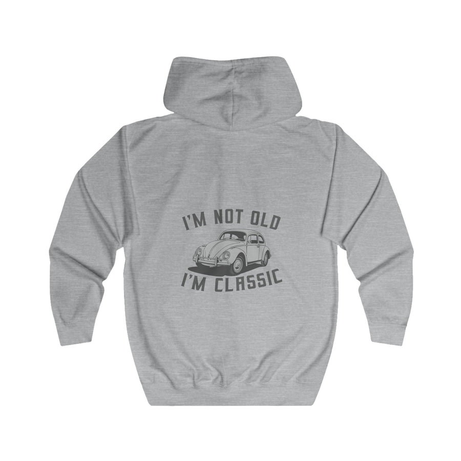 Sweatjacke mit Vintage-VW-Käfer-Motiv – Zip-Hoodie mit Rückendruck „I'm Not Old I'm Classic“ – Heather Grey – Rückenansicht