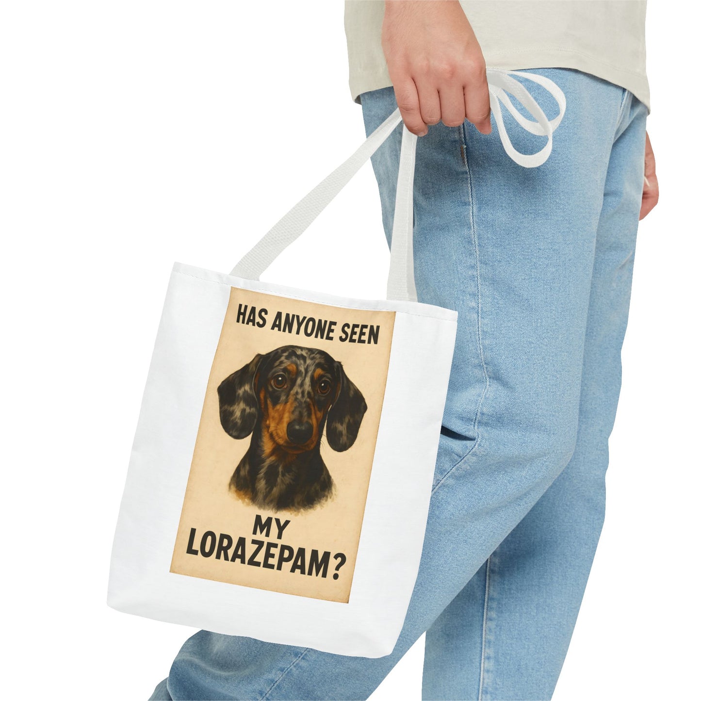 Lustige Dackel Tote Bag "Has Anyone Seen My Lorazepam?" – Vintage Hunde Stoffbeutel für Hundeliebhaber & Dackelfans