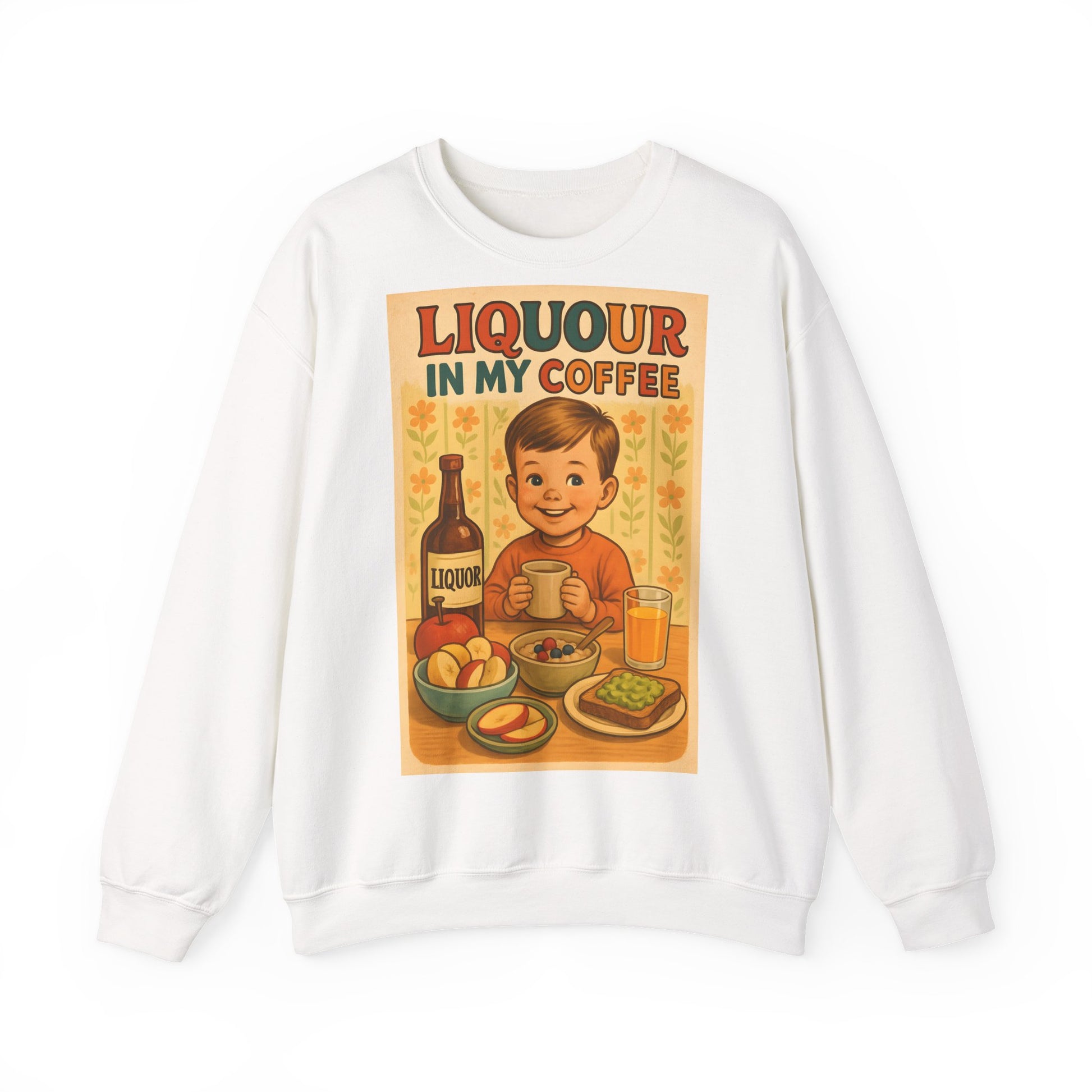 Sweatshirt – Liquor In My Coffee Sweatshirt | Retro Frühstücks-Pullover mit Satire-Motiv | Geschenk für Kaffee-Fans mit Humor | True Insights Design mit Humor