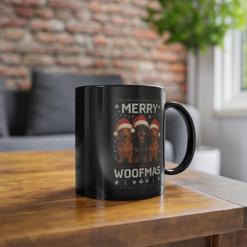 True Insights Dackel Weihnachts-Tasse Merry Woofmas mit satirischem Hunde-Motiv