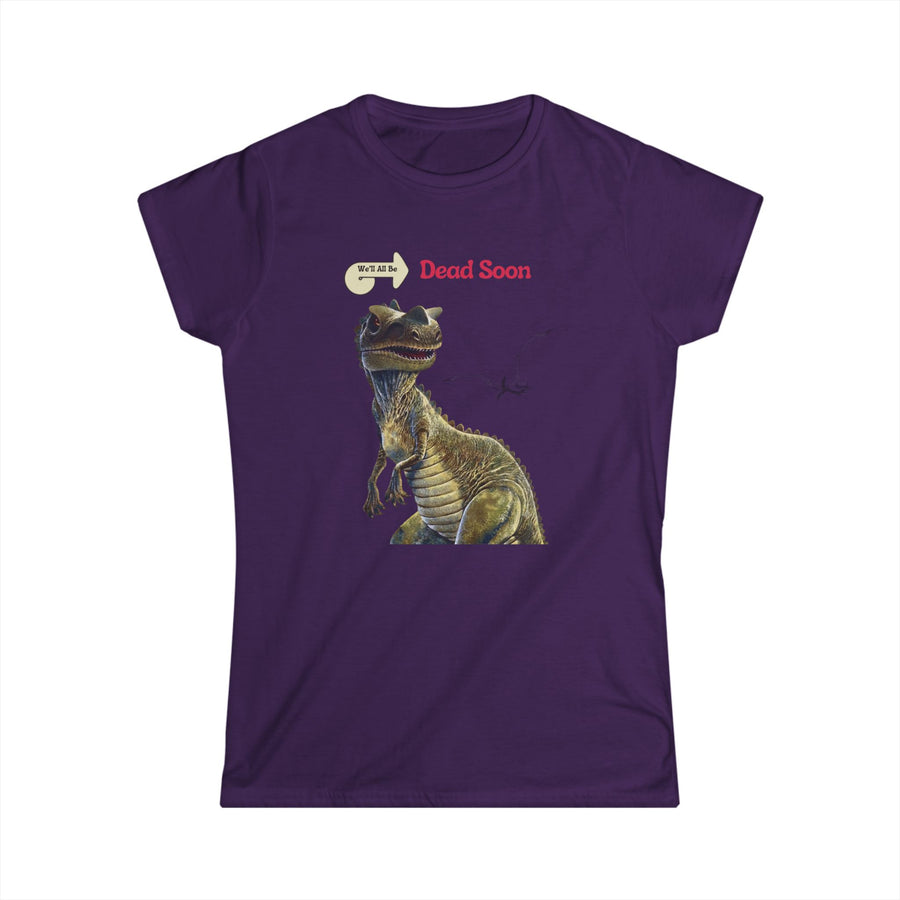 Purpurnes T-Shirt mit Flugsaurier-Illustration und Text „We'll All Be Dead Soon“ sowie „Dead Soon“.