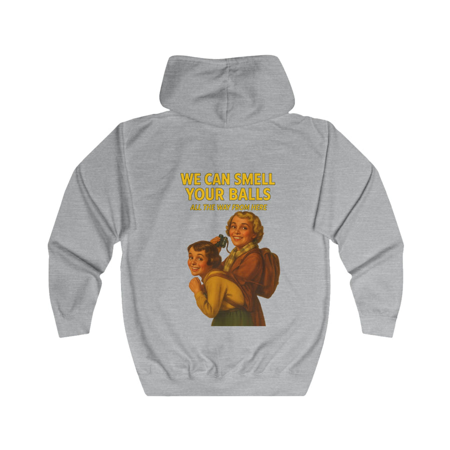 Retro Sweatjacke „We Can Smell Your Balls“ – Zip-Hoodie mit Rückendruck – Heather Grey – Rückenansicht