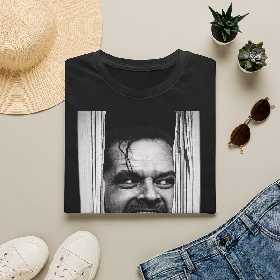 True Insights Unisex T-Shirt mit Shining Jack Torrance Horror Motiv, Schwarz-Weiß Design für Kultfilm Fans