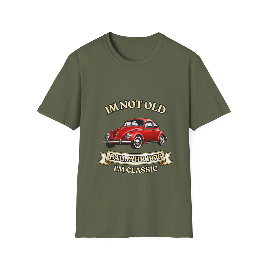 True Insights T-Shirt Baujahr 1976 Oldtimer Käfer Motiv in Military Green zum 50. Geburtstag