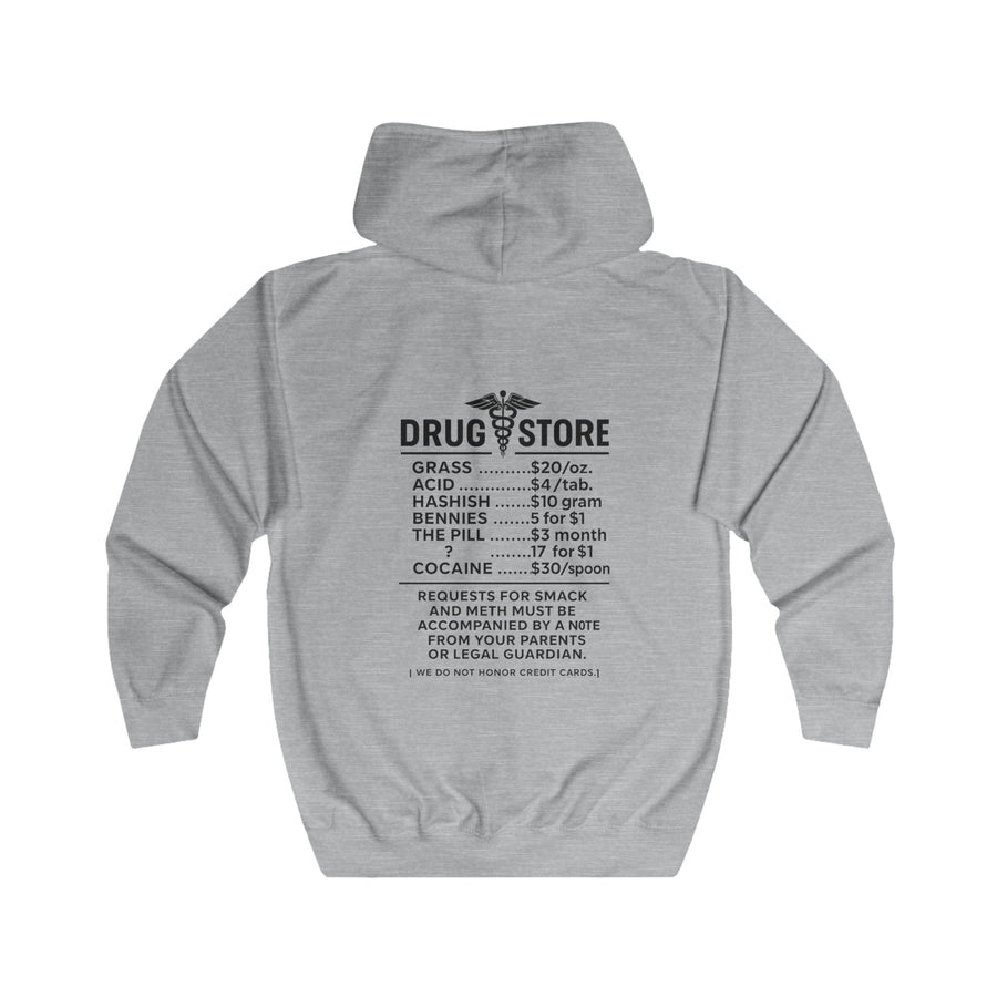 Drug Store Zip-Hoodie – Vintage-apotheekmotief met zwarte humor