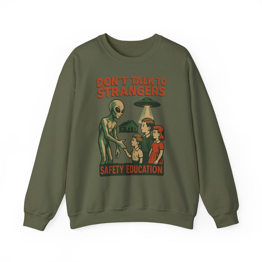 True Insights Don't Talk to Strangers Alien Sweatshirt – Lustiges Retro-UFO-Motiv in Military Green