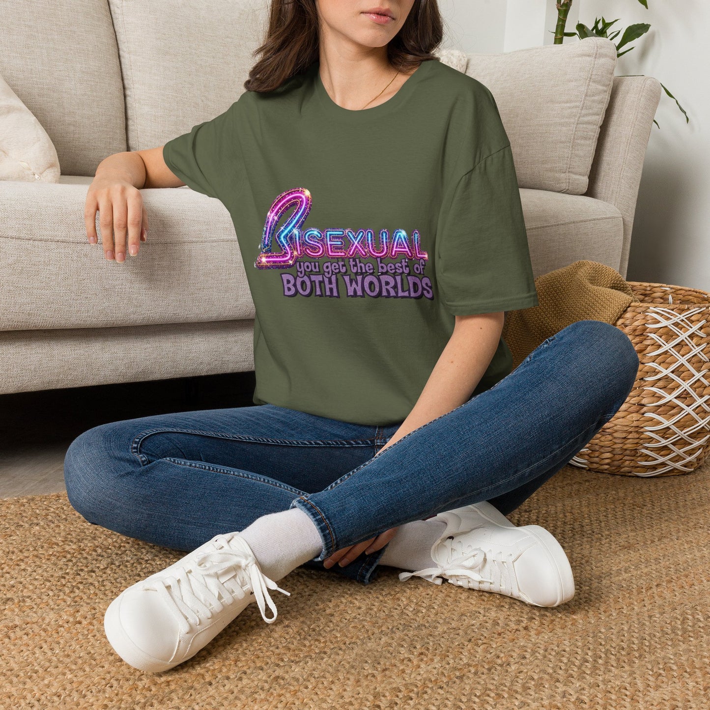 True Insights T-Shirt Bisexual Best Of Both Worlds LGBTQ Statement Glitzer-Print Nahaufnahme