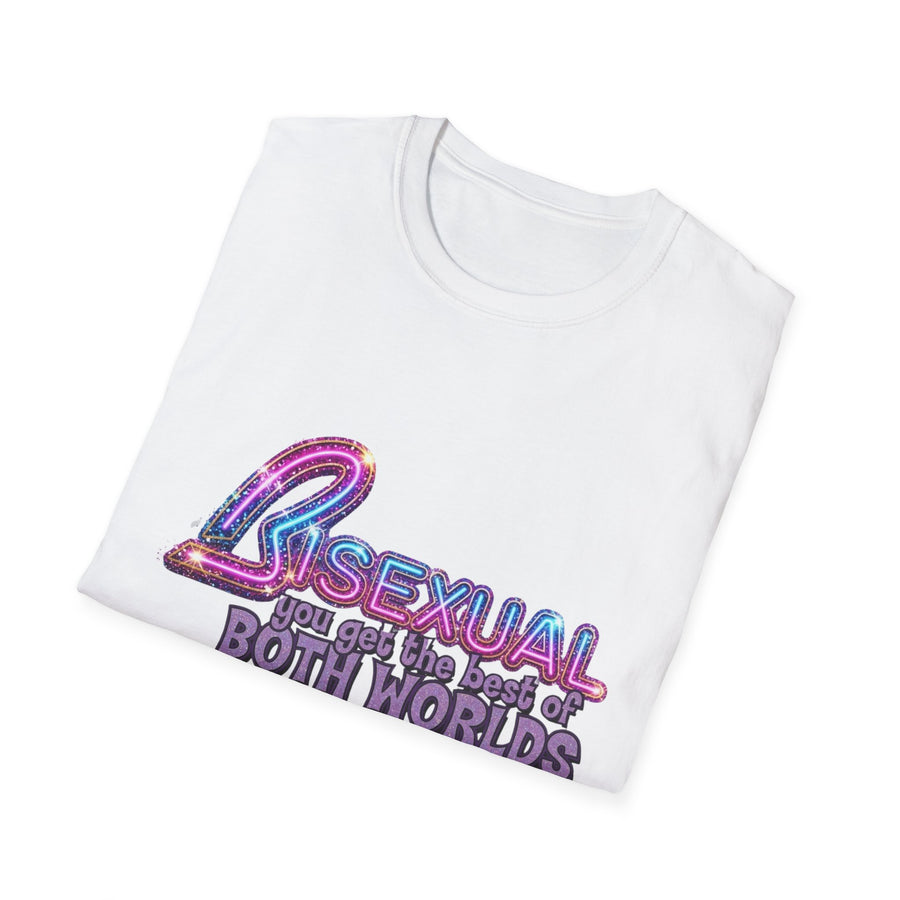 True Insights Bi Pride T-Shirt Best Of Both Worlds CSD Motiv Nahaufnahme Glitzer-Neon-Design