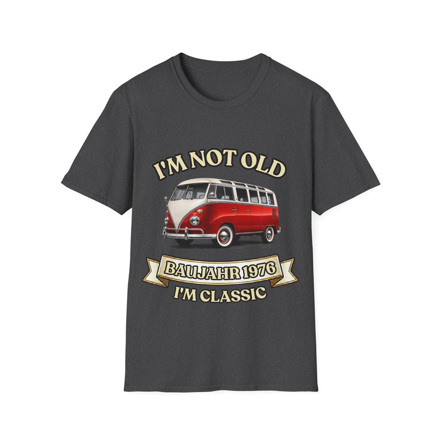 True Insights T-Shirt Baujahr 1976 Classic Bus Oldtimer Motiv in Dunkelgrau meliert, Retro Spruch