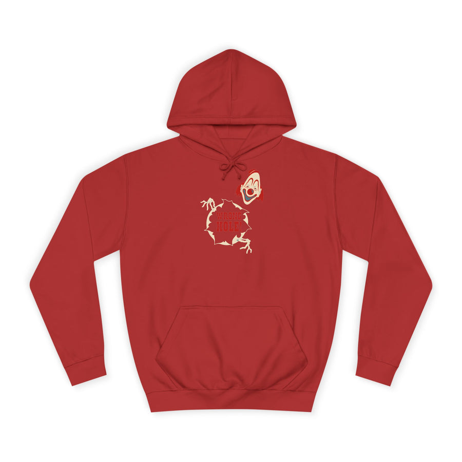 Hoodie „Wrong Hole!“ – Provokantes Clown-Motiv – Fire Red – Vorderseite