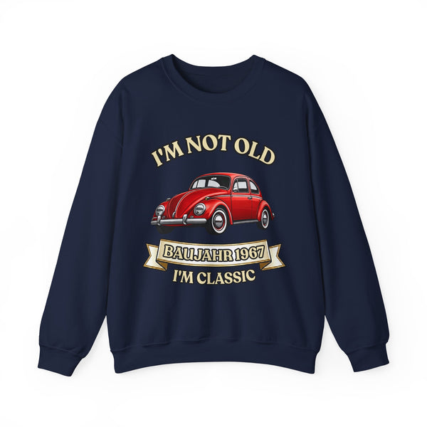 Geschenk zum 60. Geburtstag – Pullover Jahrgang 1967 VW Käfer – Navy – Vorderseite