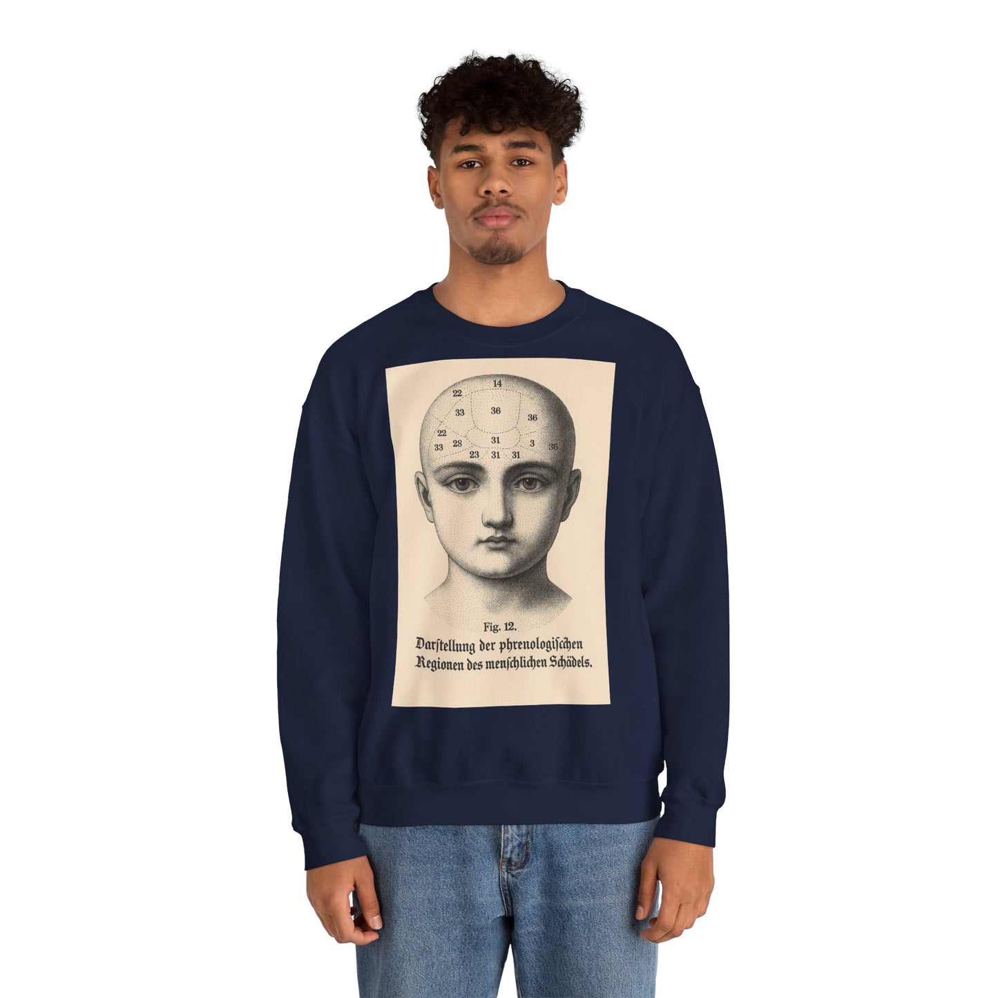 Vintage Motiv – Phrenologie Sweatshirt – Vintage-Schädelstudie „Fig. 12“ | True Insights Design mit Humor