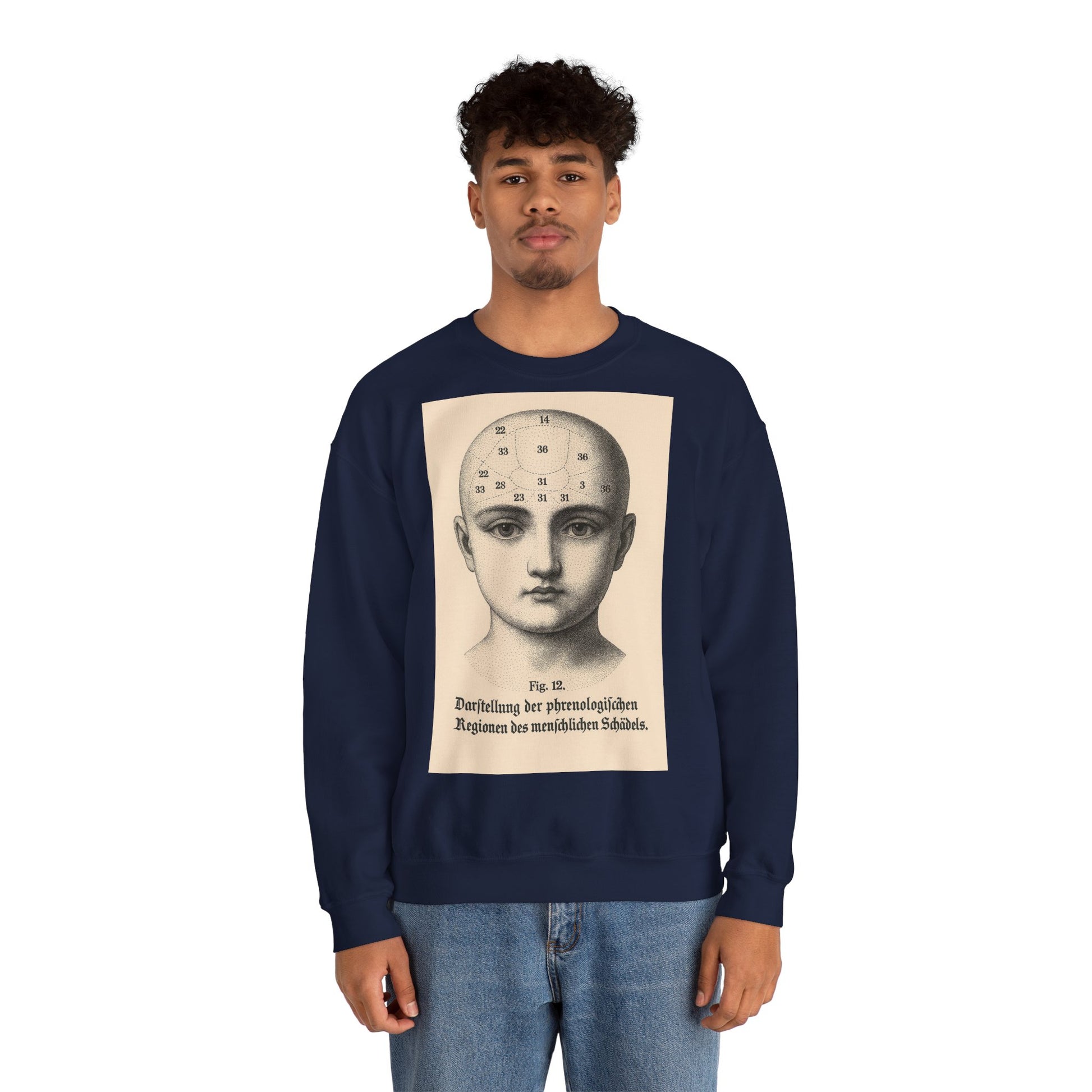 Vintage Motiv – Phrenologie Sweatshirt – Vintage-Schädelstudie „Fig. 12“ | True Insights Design mit Humor
