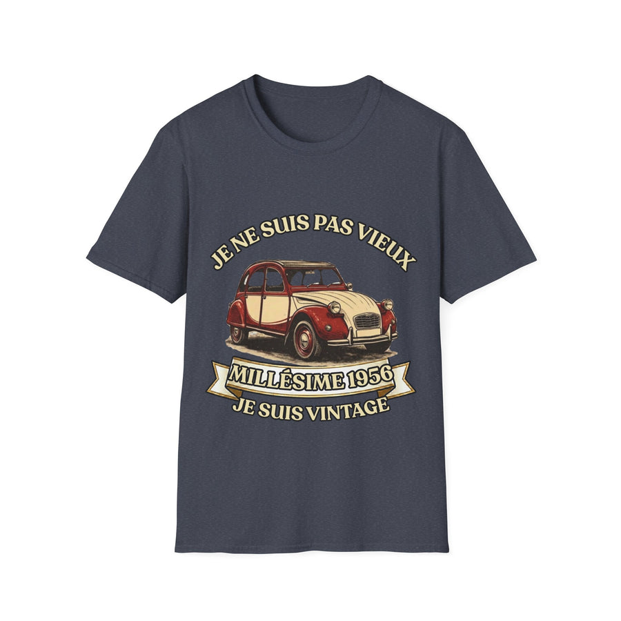 T-shirt Millésime 1956 « Je ne suis pas vieux, je suis vintage » – Cadeau anniversaire 70 ans homme – Deux-chevaux rouge et crème, voiture ancienne rétro