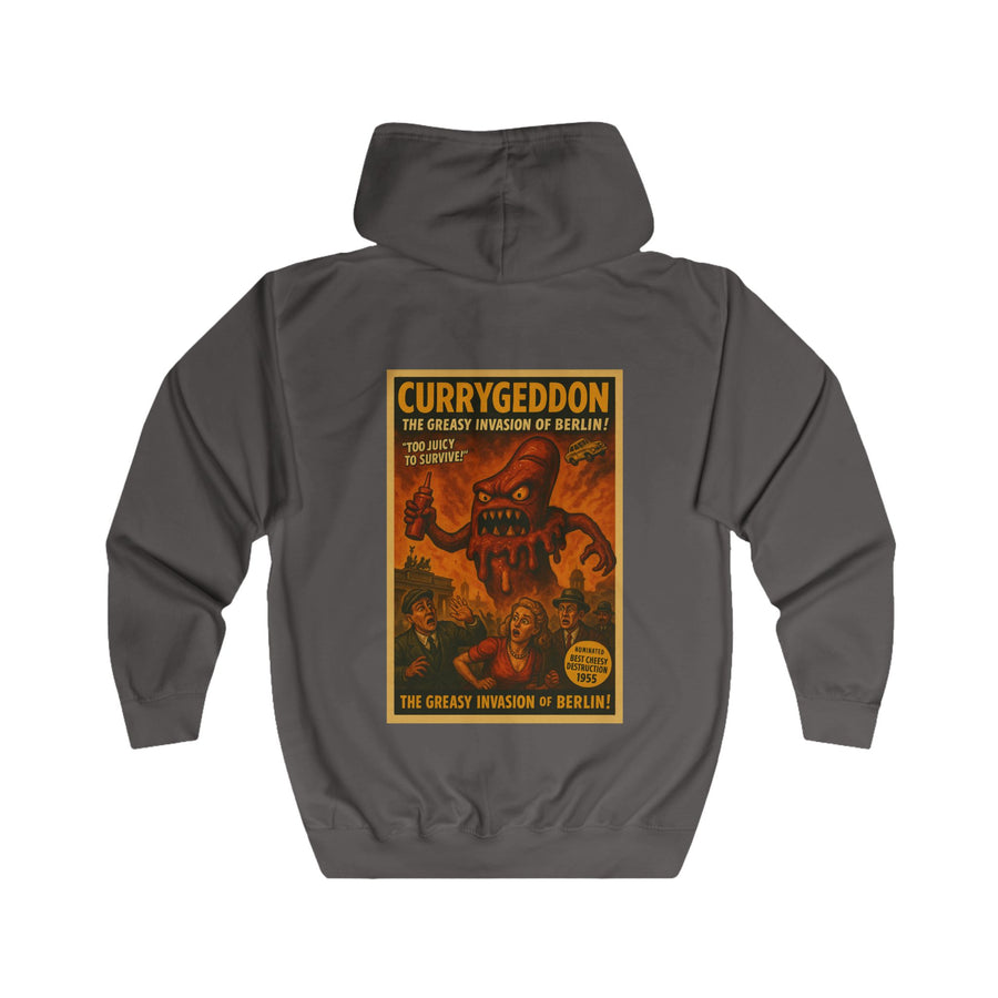 CurryGeddon Zip-Hoodie – Affiche de film d'horreur rétro avec monstre currywurst