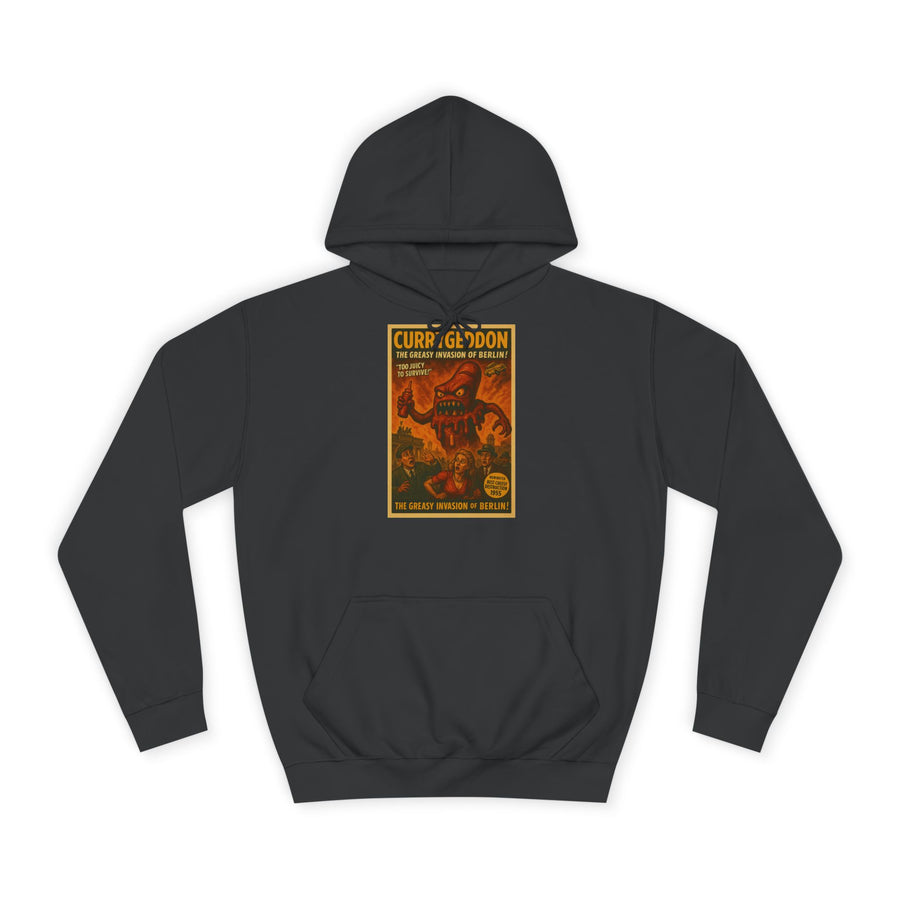CurryGeddon Hoodie – Affiche rétro-horreur avec monstre currywurst