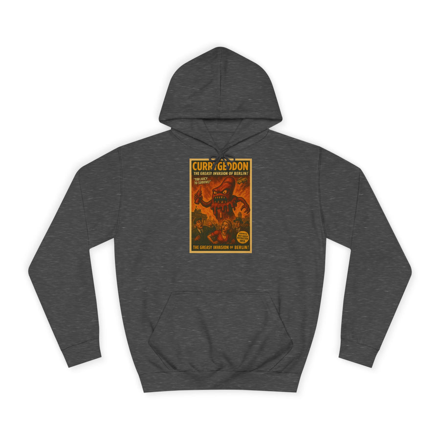 CurryGeddon Hoodie – Affiche rétro-horreur avec monstre currywurst