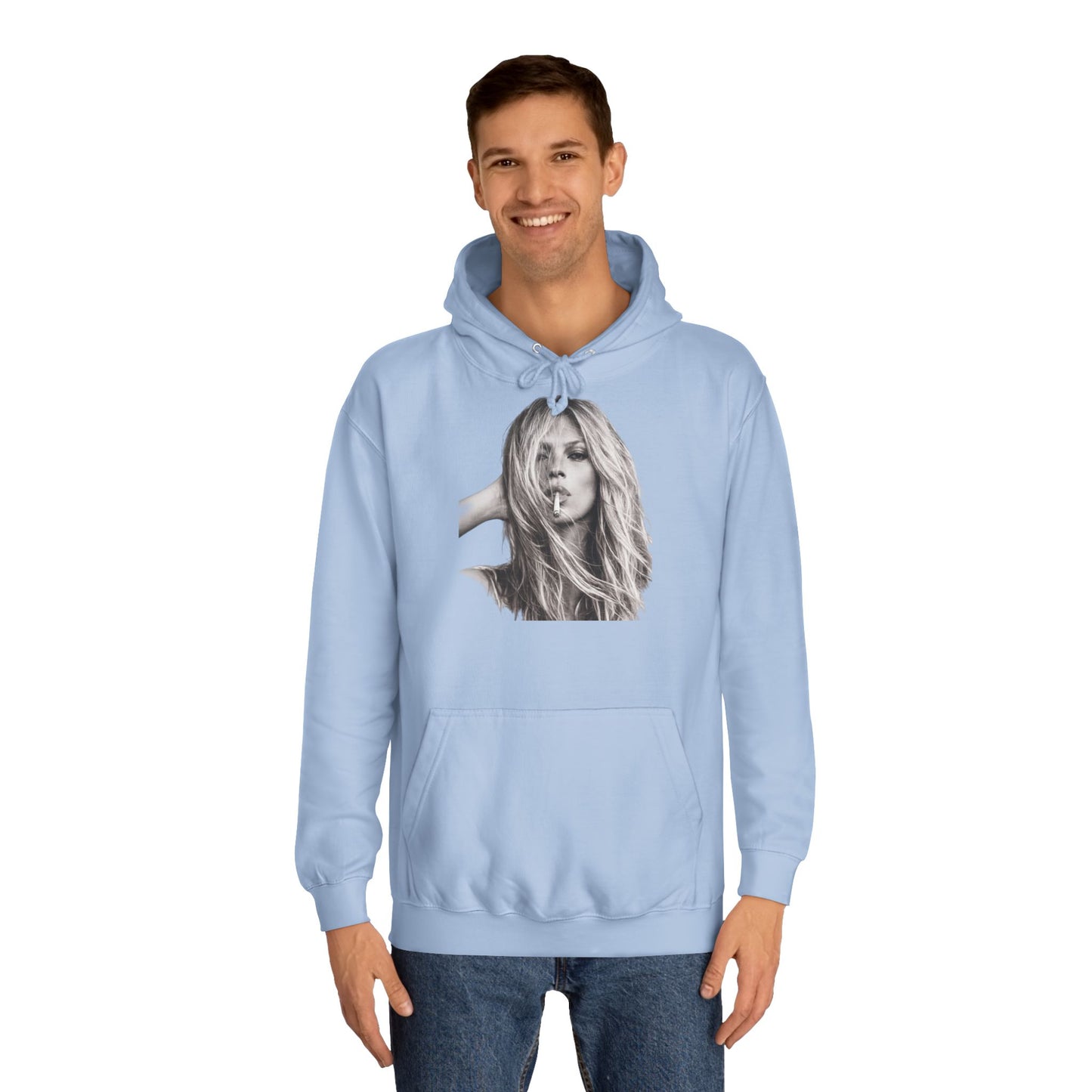 Kate Moss Hoodie – Ikonisches Schwarz-Weiß Porträt Kapuzenpullover für Fashion & Musik Fans