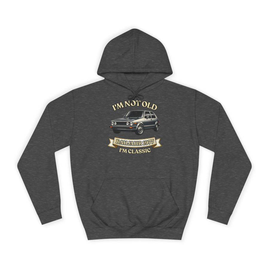 Geschenk zum 50. Geburtstag – Hoodie Jahrgang 1977 VW Golf – Charcoal – Vorderseite