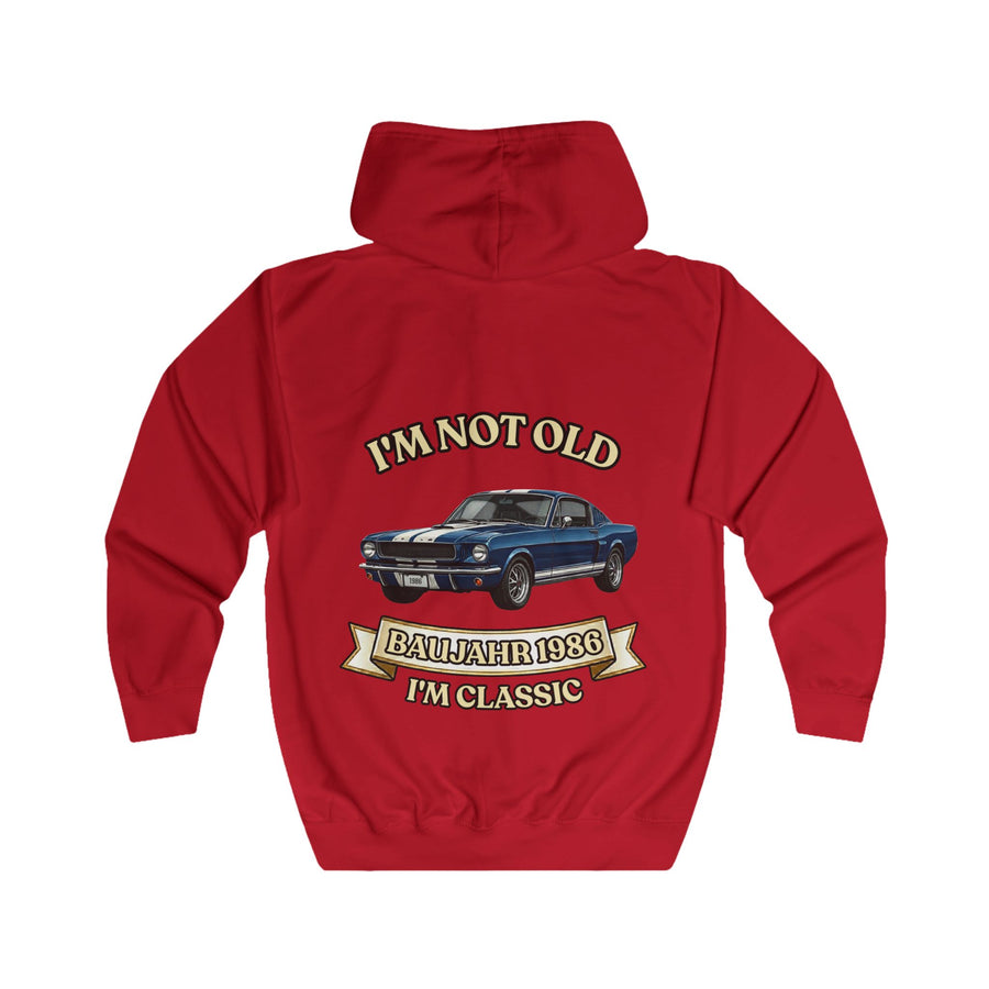 Geschenk zum 40. Geburtstag – Sweatjacke Jahrgang 1986 Muscle Car – Fire Red – Rückenansicht