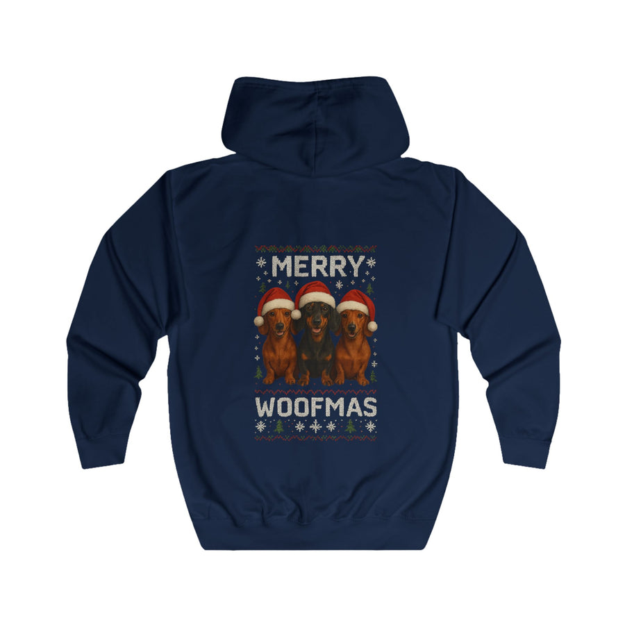 True Insights Merry Woofmas Dackel Zip-Hoodie – Lustiges Weihnachtsmotiv mit drei Dackeln