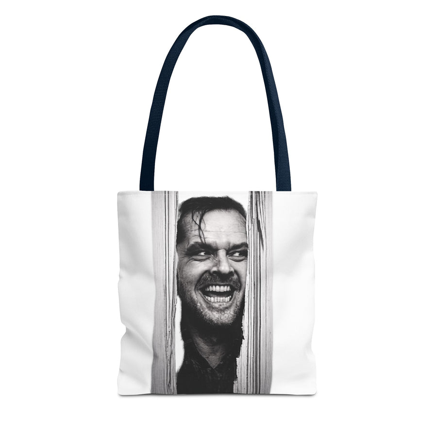Marineblau-weiße Tote Bag mit schwarzweißem Porträt eines grinsenden Mannes zwischen Holzplanken.