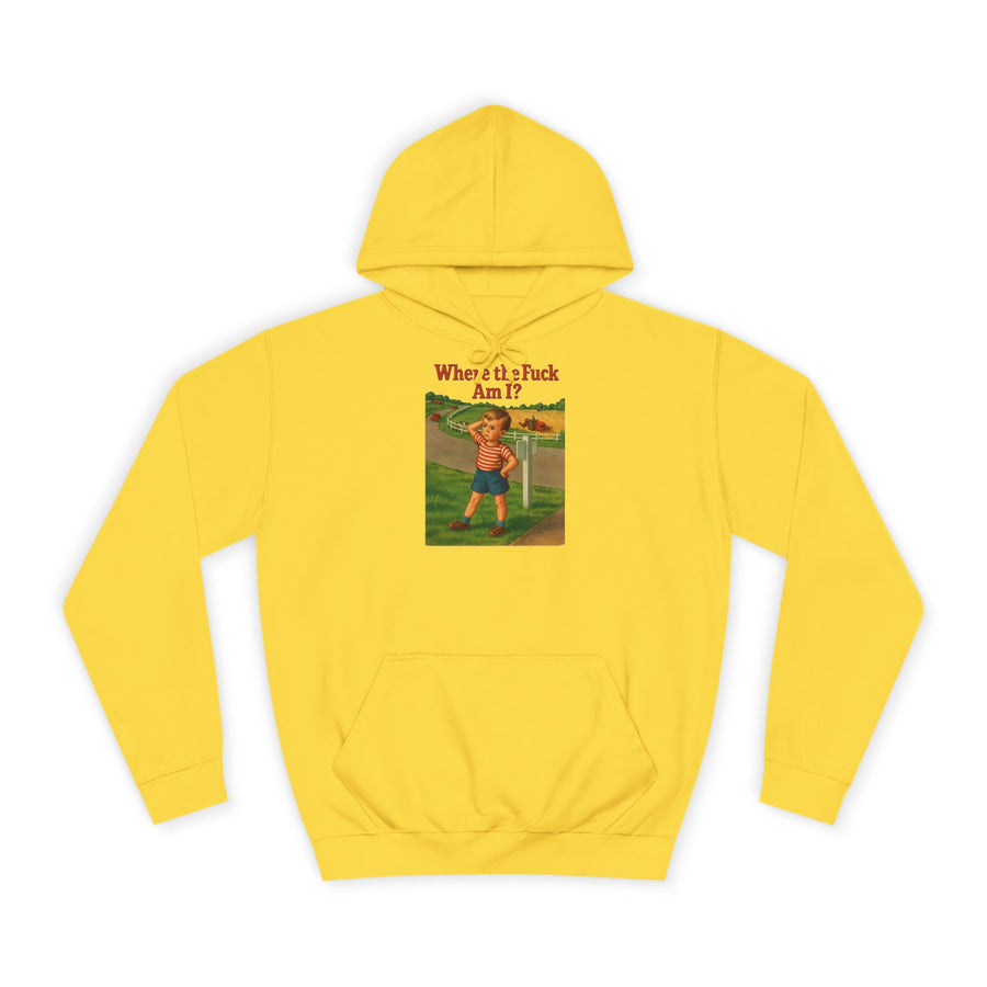 True Insights Where the F*ck Am I? Hoodie – Vintage-Motiv mit nostalgischem Lost-Boy in Sun Yellow