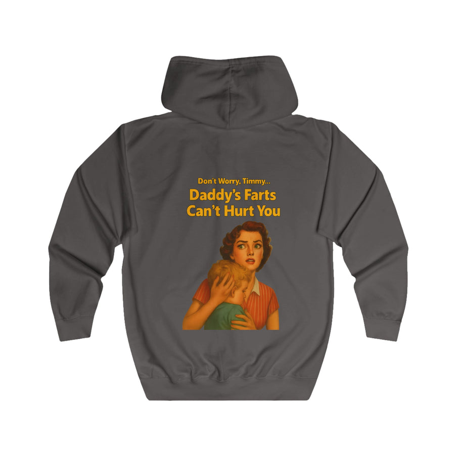 Papa Sweatjacke „Daddy's Farts Can't Hurt You“ – Zip-Hoodie mit Rückendruck – Steel Grey – Rückenansicht