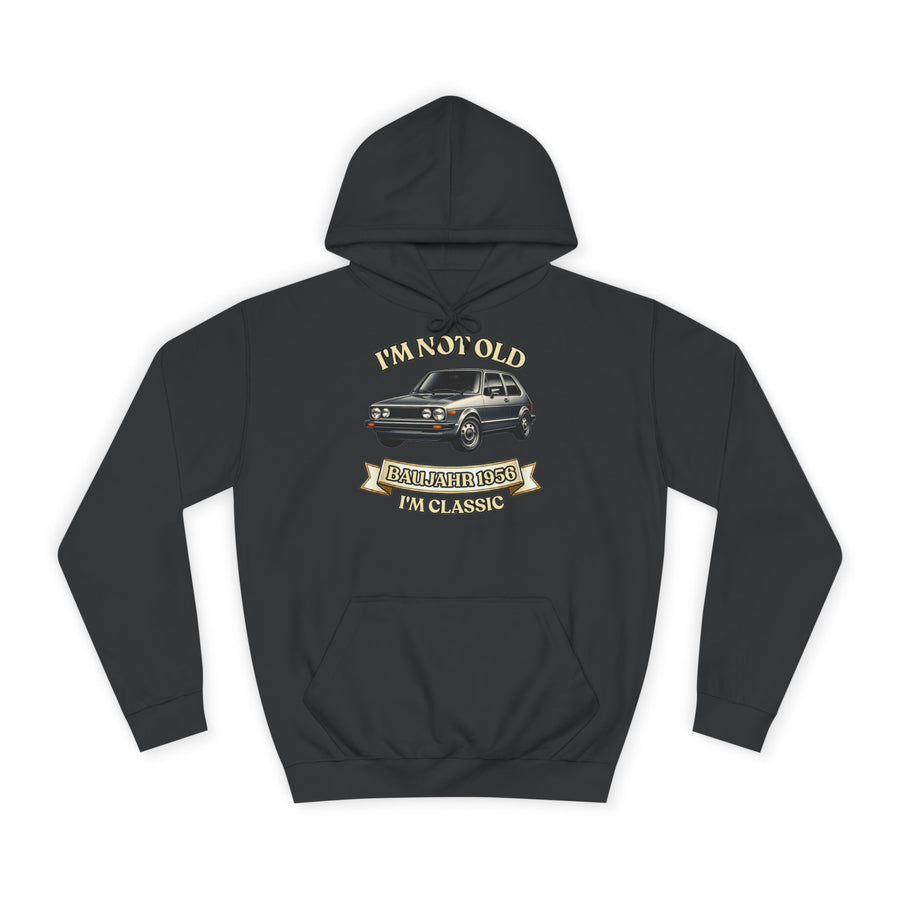 Geschenk zum 70. Geburtstag – Hoodie Jahrgang 1956 VW Golf – Jet Black – Vorderseite