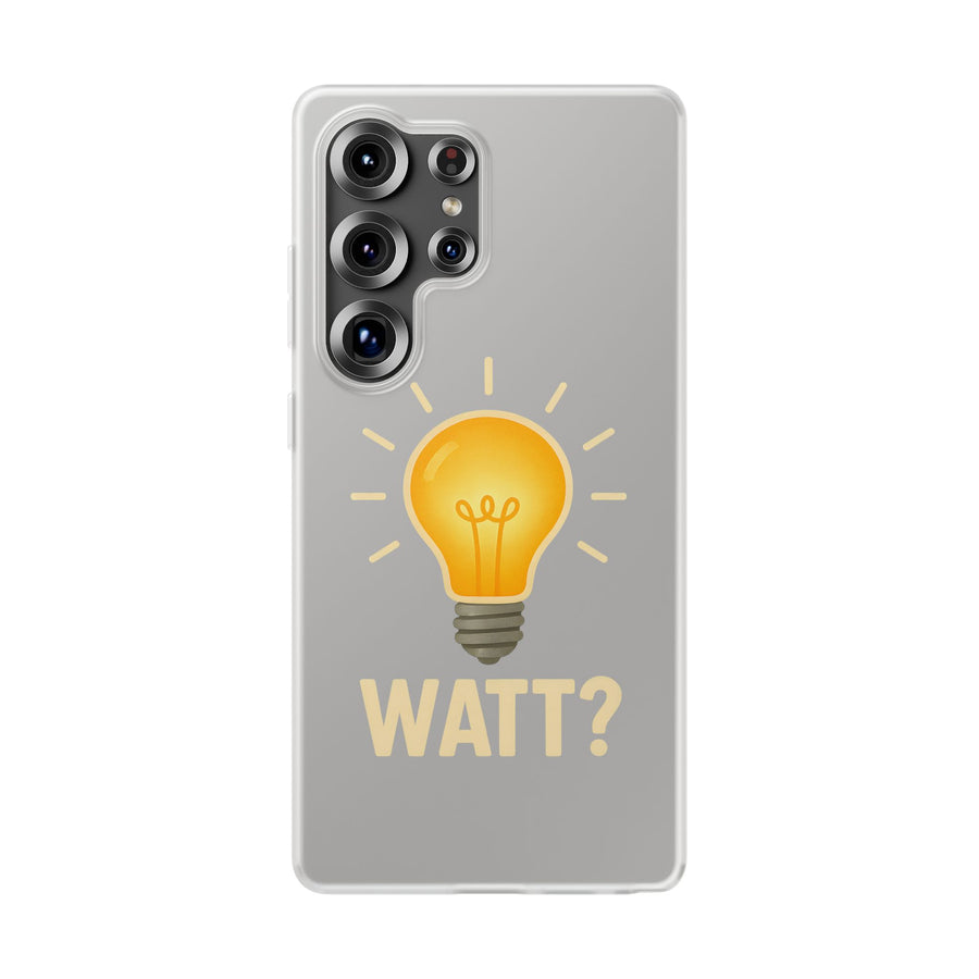 WATT? Handyhülle für Samsung Galaxy S25 Ultra – transparente Schutzhülle mit leuchtendem Glühbirnen-Motiv, Geschenk für Elektriker und Technikfans