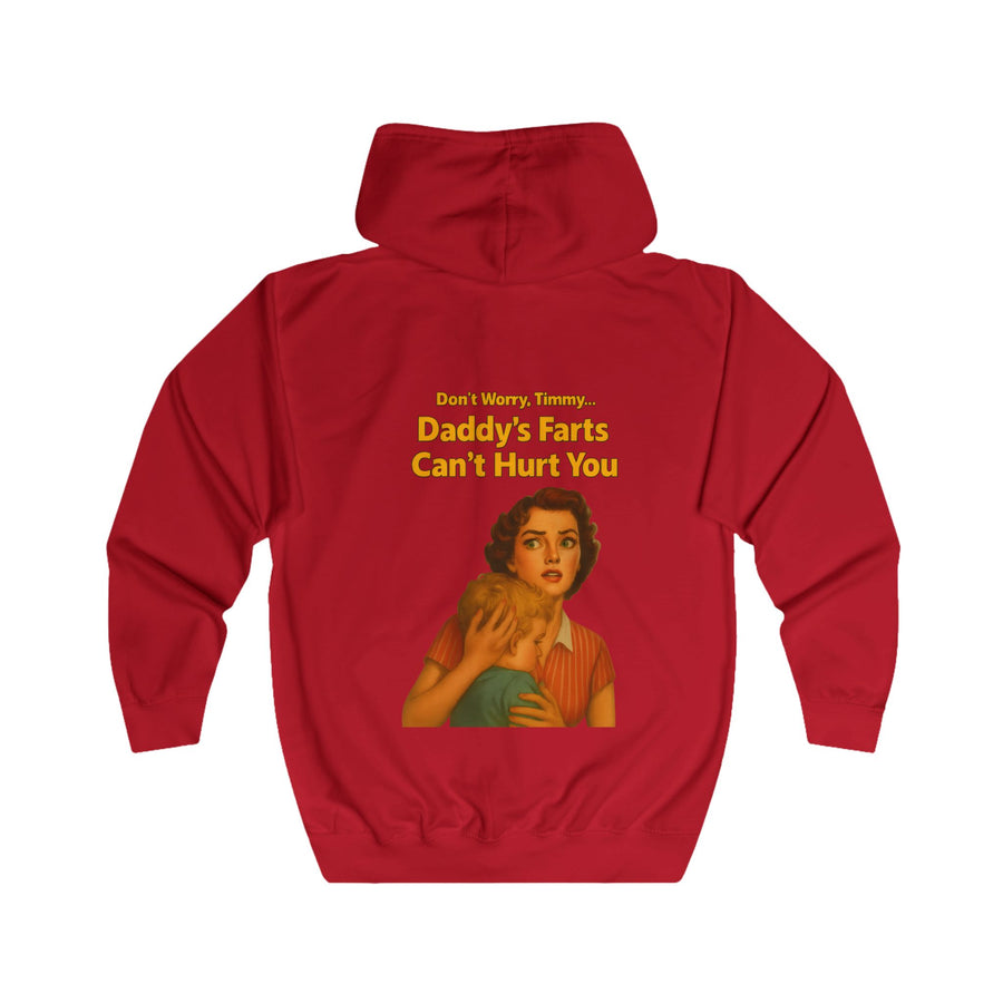Papa Sweatjacke „Daddy's Farts Can't Hurt You“ – Zip-Hoodie mit Rückendruck – Fire Red – Rückenansicht