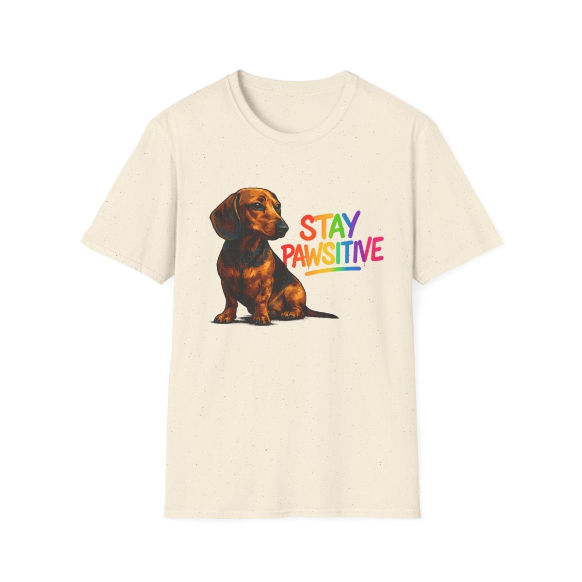 Creme T-Shirt mit Dackel und Schriftzug Stay-Pawsitive in Regenbogenfarben im Pop-Art-Stil fuer Tierfreunde.