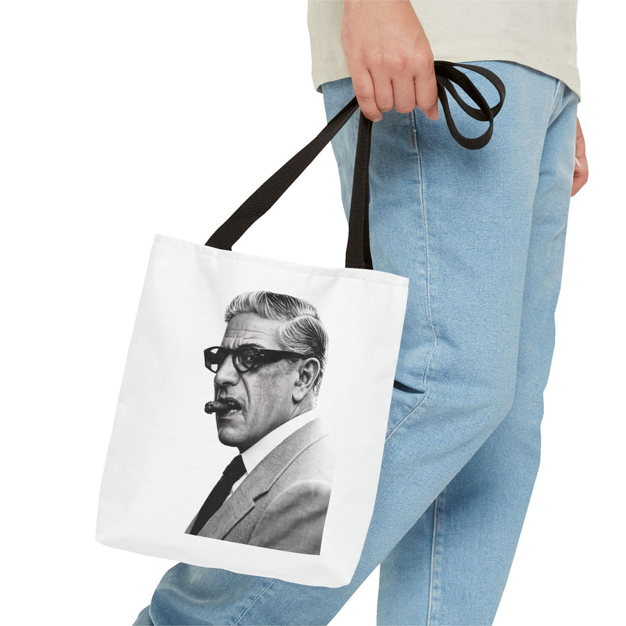 Tote Bag Portrait Aristote Onassis – Icône Vintage Noir & Blanc au Cigare, Sac en Polyester pour Amateurs de Style