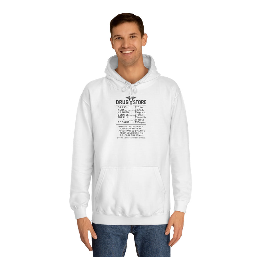Drug Store Hoodie – Vintage-Apotheken-Motiv mit schwarzem Humor