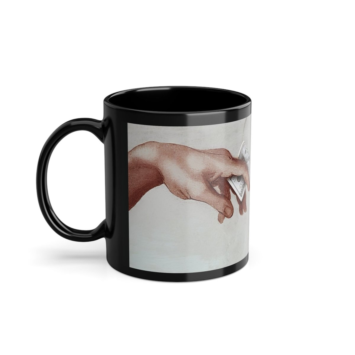 The Deal – Satirical mug with biblical handshake and modern barter