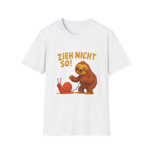 True Insights T-Shirt Faultier mit Schnecke an Leine Zieh nicht so in Weiß, lustiges Spruch-Shirt für Geduld
