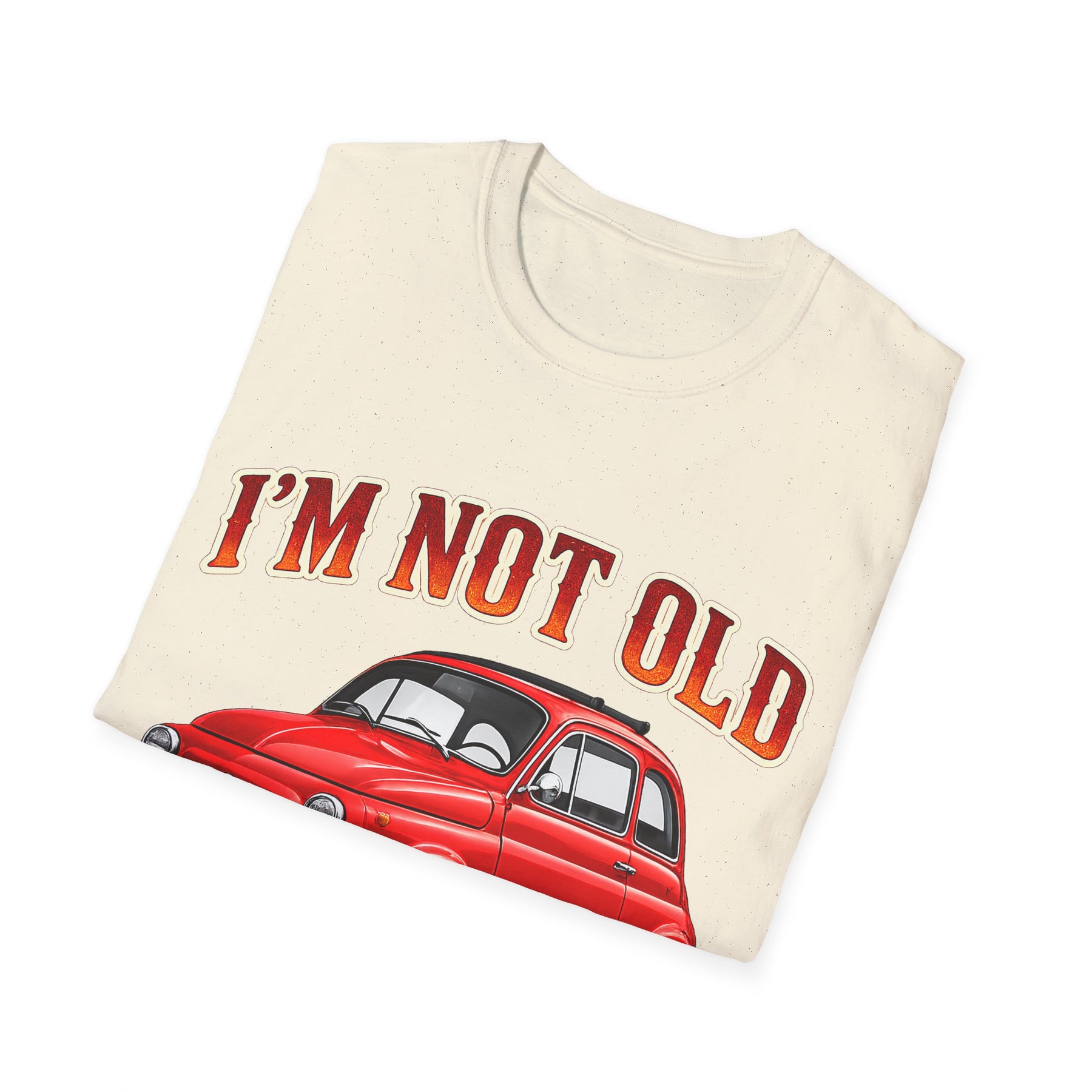 True Insights Retro T-Shirt Oldtimer Kleinwagen, Detailansicht des roten Vintage Motivs
